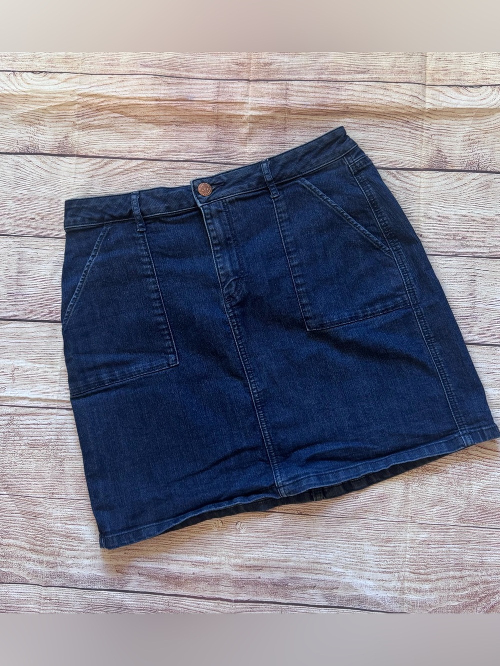 LOFT Dark Blue Denim Mini Skirt with Front Patch Pockets